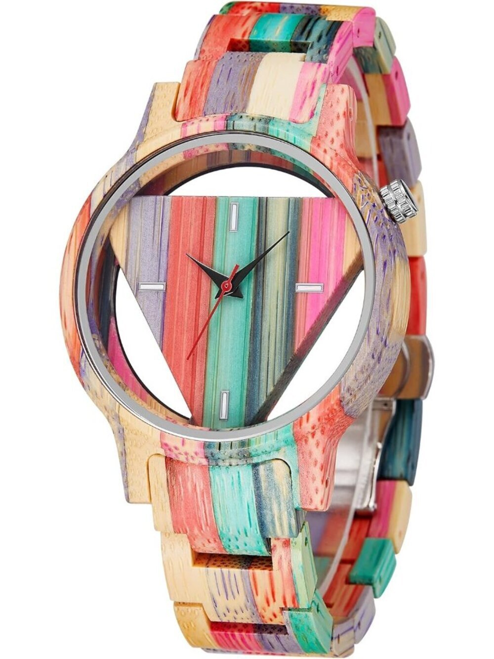 Men's Multi Color Handmade Triangle Bamboo Analog Quartz Round Wooden Watch